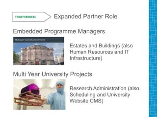 Expanded Partner Role
Embedded Programme Managers
Estates and Buildings (also
Human Resources and IT
Infrastructure)
Multi Year University Projects
Research Administration (also
Scheduling and University
Website CMS)
 