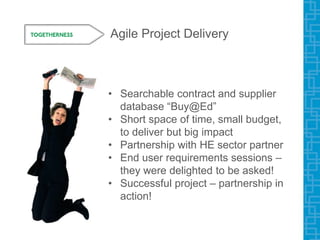 Agile Project Delivery
• Searchable contract and supplier
database “Buy@Ed”
• Short space of time, small budget,
to deliver but big impact
• Partnership with HE sector partner
• End user requirements sessions –
they were delighted to be asked!
• Successful project – partnership in
action!
 