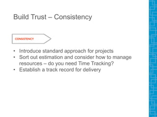 Build Trust – Consistency
• Introduce standard approach for projects
• Sort out estimation and consider how to manage
resources – do you need Time Tracking?
• Establish a track record for delivery
 