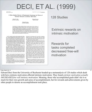 DECI, ET AL. (1999)
                                                         128 Studies


                                                          Extrinsic rewards on
                                                          intrinsic motivation


                                                          Rewards for
                                                          tasks completed
                                                          decreased free-will
                                                          motivation



Friday, March 29, 13                                                                                    15

Edward Deci from the University of Rochester headed up a metaanalysis of 128 studies which dealt
with how extrinsic motivation affected intrinsic motivation. They found extrinsic motivation actually
DECREASES free will intrinsic motivation. Meaning, those who accomplished goals didn’t do it so
much for their own growth and sense of accomplishment, but for rewards and achievements given by
other people to denote an accomplishment took place.
 