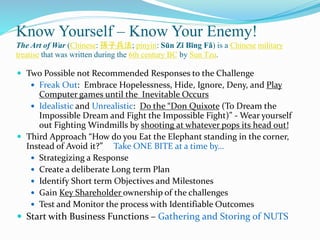 Know Yourself – Know Your Enemy!
The Art of War (Chinese: 孫子兵法; pinyin: Sūn Zǐ Bīng Fǎ) is a Chinese military
treatise that was written during the 6th century BC by Sun Tzu.
 Two Possible not Recommended Responses to the Challenge
 Freak Out: Embrace Hopelessness, Hide, Ignore, Deny, and Play
Computer games until the Inevitable Occurs
 Idealistic and Unrealistic: Do the “Don Quixote (To Dream the
Impossible Dream and Fight the Impossible Fight)” - Wear yourself
out Fighting Windmills by shooting at whatever pops its head out!
 Third Approach “How do you Eat the Elephant standing in the corner,
Instead of Avoid it?” Take ONE BITE at a time by…
 Strategizing a Response
 Create a deliberate Long term Plan
 Identify Short term Objectives and Milestones
 Gain Key Shareholder ownership of the challenges
 Test and Monitor the process with Identifiable Outcomes
 Start with Business Functions – Gathering and Storing of NUTS
 