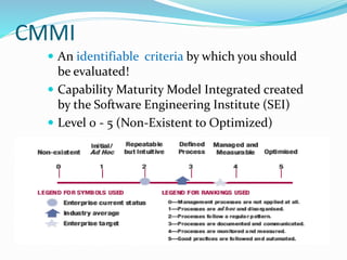 CMMI
 An identifiable criteria by which you should
be evaluated!
 Capability Maturity Model Integrated created
by the Software Engineering Institute (SEI)
 Level 0 - 5 (Non-Existent to Optimized)
 
