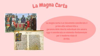 La Magna Carta
La magna carta è un documento considerato il
primo atto sottoscritto a
garanzia delle libertà individuali che ancora
oggi è considerato un elemento fondamentale
per il moderno stato di
diritto.
 