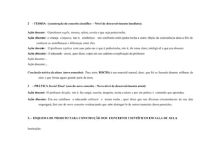 2 - TEORIA - (construção do conceito científico – Nível de desenvolvimento imediato):

Ação docente : O professor expõe, mostra, refere, revela o que seja pedra/rocha.
Ação discente: a criança compara, isto é, estabelece um confronto entre pedra/rocha e outro objeto de consistência dura a fim de
       conhecer as semelhanças e diferenças entre eles.
Ação docente : O professor explica com suas palavras o que é pedra/rocha, isto é, ele torna claro, inteligível o que era obscuro.
Ação discente: O educando anota, quer dizer, copia em seu caderno a explicação do professor.
Ação docente:...
Ação discente:...

Conclusão teórica do aluno (novo conceito): Para mim, ROCHA é um material natural, duro, que foi se fazendo durante milhares de
         anos e que forma agora grande parte da terra.

3 – PRÁTICA Social Final (uso do novo conceito – Novo nível de desenvolvimento atual)

Ação docente : O professor desafia, isto é, faz surgir, suscita, desperta, incita o aluno a por em prática o conteúdo que aprendeu.

Ação discente: Em seu cotidiano o educando utilizará o termo rocha , quer dizer que nas diversas circunstâncias de sua v
                                                                                                                       ida
         empregará, fará uso do novo conceito evidenciando que sabe distinguí- lo de outros materiais duros parecidos.



3. - ESQUEMA DE PROJETO PARA CONSTRUÇÃO DOS CONCEITOS CIENTÍFICOS EM SALA DE AULA


Instituição:
 