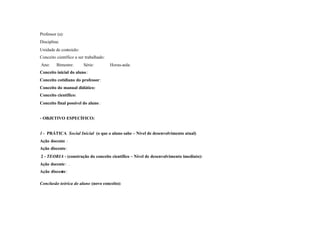 Professor (a):
Disciplina:
Unidade de conteúdo:
Conceito científico a ser trabalhado:
Ano:     Bimestre:      Série:          Horas-aula:
Conceito inicial do aluno :
Conceito cotidiano do professor:
Conceito do manual didático:
Conceito científico:
Conceito final possível do aluno :


- OBJETIVO ESPECÍFICO:


1 - PRÁTICA Social Inicial (o que o aluno sabe – Nível de desenvolvimento atual)
Ação docente :
Ação discente:
2 - TEORIA - (construção do conceito científico – Nível de desenvolvimento imediato):
Ação docente : .
Ação discente:

Conclusão teórica do aluno (novo conceito):
 
