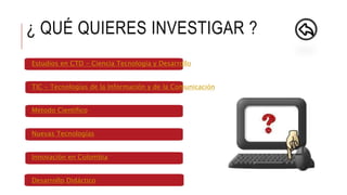 ¿ QUÉ QUIERES INVESTIGAR ? 
Estudios en CTD - Ciencia Tecnología y Desarrollo 
TIC - Tecnologías de la Información y de la Comunicación 
Método Científico 
Nuevas Tecnologías 
Innovación en Colombia 
Desarrollo Didáctico 
 
