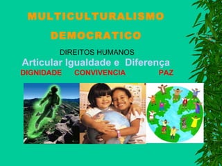 MULTICULTURALISMO
DEMOCRATICO
DIREITOS HUMANOS

Articular Igualdade e Diferença
DIGNIDADE

CONVIVENCIA

PAZ

 