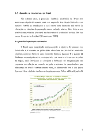 3. A educação em ciências hoje no Brasil 

       Nos  últimos  anos,  a  produção  científica  acadêmica  no  Brasil  tem 
aumentado  significativamente,  mas  esta  expansão  tem  ficado  limitada  a  um 
número  restrito  de  instituições  e  não  reflete  uma  melhoria  dos  níveis  de 
educação  em  ciências  da  população,  como  indicado  abaixo.  Além  disto,  o  uso 
efetivo  deste  potencial  crescente  de  conhecimento  científico  e  técnico  tem  sido 
menor do que seria desejável (Schwartzman 2008). 

A expansão da produção acadêmica 

       O  Brasil  vem  expandindo  continuamente  o  número  de  pessoas  com 
doutorado,  e  o  número  de  publicações  científicas  em  periódicos  indexados 
internacionalmente  também  vem  crescendo  bastante  (Quadro  1  e  Quadro  2). 
Ainda que muito significativas se comparadas com o que ocorre em outros países 
da  região,  estas  atividades  de  pesquisa  e  formação  de  pós‐graduação  são 
pequenas  em  relação  ao  tamanho  do  país:  o  número  de  pesquisadores  por 
habitantes  no  Brasil  é  extremamente  baixo,  se  comparado  com  o  dos  países 
desenvolvidos, e inferior também ao de países como o Chile e a China (Quadro 3).  




                                                                               

                                            Quadro 1 




        
                                                                                       9 
 