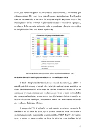Brasil, que o ensino superior e a pesquisa são “indissociáveis”, a realidade é que 
existem  grandes  diferenças  entre  os  professores  e  pesquisadores  de  diferentes 
tipos  de  universidades  e  institutos  de  pesquisa  no  país.  Na  grande  maioria  das 
instituições de ensino superior, os professores quase não se dedicam à pesquisa, 
ou o fazem de forma muito incipiente, e não proporcionam educação nem prática 
de pesquisa científica a seus alunos (Quadro 4). 




                                                                               

                Quadro 4 – Fonte: Pesquisa sobre Profissão Acadêmica no Brasil, 2007 

Os baixos níveis de educação em ciência: os resultados do PISA 

       O PISA – Programme for International Student Assessment, da OECD – é 
considerado hoje como a principal referência internacional para a identificar os 
níveis de desempenho dos estudantes  em  leitura, matemática e ciências, assim 
como para procurar entender seus condicionantes.  Como se sabe, os resultados 
dos estudantes brasileiros nestas provas têm sido bastante baixos e não têm se 
modificado através do tempo. Apresentamos abaixo uma análise mais detalhada 
dos resultados da área de ciências. 

       O  exame  do  PISA  é  aplicado  periodicamente  a  amostras  nacionais  de 
estudantes  de  15  anos  de  idade,  que  é  quando  deveriam  estar  concluindo  o 
ensino fundamental e ingressando no ensino médio. O PISA de 2006 teve como 
tema  principal  as  competências  na  área  de  ciências,  mas  também  inclui 


        
                                                                                        11 
 