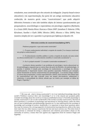 estudantes, mas construído por eles através da indagação  (inquiry based science 
education)  e  da  experimentação,  faz  parte  de  um  antigo  movimento  educativo 
conhecido,  de  maneira  geral,  como  “construtivismo”,  que  pode  adquirir 
diferentes  formatos  e  tem  sido  também  objeto  de  intenso  questionamento  por 
pesquisadores, neurobiólogos e especialistas em psicologia cognitiva (Barbante, 
Jr. e Costa 2009; Hmelo‐Silver, Duncan e Chinn 2007; Jonathan F. Osborne 1996; 
Kirschner,  Sweller  e  Clark  2006;  Oliveira  2002;  Oliveira  e  Silva  2009).  Uma 
maneira simples de ver a questão é a proposta por Sjøberg no Quadro 10. 


                                    Diferentes sentidos do construtivismo(Sjøberg 2007). 

               Podemos perguntar: o que está sendo construído? 

            1 ‐ É nosso conhecimento individual a respeito do mundo ("as crianças constroem 
    seu próprio conhecimento") 

            2 ‐ É conhecimento científico público e aceito a respeito do mundo, tal como existe 
    na ciência estabelecida? ("o conhecimento científico é construído socialmente" ) 

               3 ‐ Ou é o próprio mundo?  ("o mundo é construído socialmente" ) 

             A  primeira  destas  questões  é  um  problema  de  psicologia  e  teoria  educacional  ou 
    da aprendizagem, enquanto que as outras duas são parte da filosofia e da epistemologia.  A 
    questão  2  também  é  tratada  pela  sociologia  do  conhecimento  e  sociologia  da  ciência. 
    Analiticamente,  é  importante  manter  estas  questões  separadas.  Podemos,  por  exemplo, 
    apoiar fortemente as teorias construtivistas da aprendizagem,  e ao mesmo tempo rejeitar 
    as outras duas proposições, e muito especialmente a última, mais extrema. Este último tipo 
    de  construtivismo  tem  sido  criticado  como  um  ataque  pós‐moderno,  subjetivista  e 
    relativista,  à  racionalidade  da  ciência,  atitude  que  vai  contra,  por  exemplo,  as  idéias  de 
    Piaget e Vygotsky.14 

                 
                                                                    Quadro 10 


                                                                 
         14  We  may  ask:    what  is  being  constructed?  1.  Is  it  our  individual  knowledge  about  the 

world?  ("Children  construct  their  own  knowledge.")  2.  Is  it  the  shared  and  accepted  public 
scientific knowledge about the world as it exists in established science? ("Scientific knowledge is 
socially constructed") 3. Or is it the world itself? ("The world is socially constructed"), The first of 
these questions is a problem of psychology and educational or learning theory, while the latter 
two are part of philosophy and epistemology. Question no 2 is also addressed by the sociology of 
knowledge  and  sociology  of  science.  Analytically,  it  is  important  to  keep  these  questions  apart. 
One may, for instance, be a strong supporter of constructivist learning theories, while at the same 
time reject the two other stances, in particular the last and most extreme one. This latter kind of 
constructivism  is  criticized  for  being  a  subjectivist  and  relativist  post‐modern  attack  on  the 
rationality  of  science,  a  stance  that  runs  against  any  suggestions  from  for  instance  Piaget  and 
Vygotsky . 

          


          
                                                                                                           25 
 