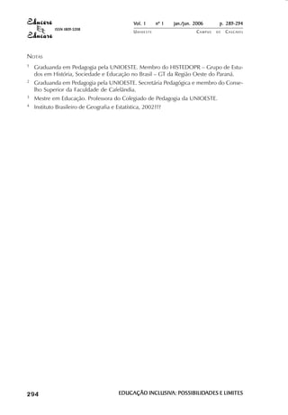 Vol. 1     nº 1   jan./jun. 2006      p. 289-294
                                        ISSN 1809-5208
                                                                       UNIOESTE                    CAMPUS   DE   C A S C AV E L
                                                                                                                         AV




            NOTAS
            1               Graduanda em Pedagogia pela UNIOESTE. Membro do HISTEDOPR – Grupo de Estu-
                            dos em História, Sociedade e Educação no Brasil – GT da Região Oeste do Paraná.
            2               Graduanda em Pedagogia pela UNIOESTE. Secretária Pedagógica e membro do Conse-
                            lho Superior da Faculdade de Cafelândia.
            3               Mestre em Educação. Professora do Colegiado de Pedagogia da UNIOESTE.
            4               Instituto Brasileiro de Geografia e Estatística, 2002???




 

 
     
         

         
                ¡

                ¡
                    ¡
                        ¡

                        ¡
                            ¢

                            ¢
                                ¢
                                    ¢

                                    ¢




                                                                 EDUCAÇÃO INCLUSIVA: POSSIBILIDADES E LIMITES
                                                                          INCLUSIVA: POSSIBILIDADES
 