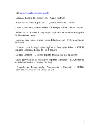 26
. site www.freewebs.com/vrstefanello
. Educação Espírita de Nossos Filhos – Geziel Andrade
. A Educação à luz do Espiritismo – Lydienio Barreto de Menezes
. Como Aprendemos, teoria e prática na Educação Espirita – Lucia Moyses
. Diretrizes da Escola de Evangelização Espírita – Sociedade de Divulgação
Espírita Auta de Souza
. Curriculo para Evangelização Espirita Infanto-Juvenil – Federação Espírita
do Paraná
. Proposta para Evangelização Espírita – Conceição Salles – CEERJ,
Conselho Espirita do Estado do Rio de Janeiro
. Coleção Diretrizes – Conselho Espirita do Estado do Rio de Janeiro
. Curso de Preparação de Educadores Espíritas da Infãncia – USE, União das
Sociedades Espíritas – Estadual São Paulo
. Apostilas de Evangelização, Planejamento e Execução – FERGS,
Federação do Estado do Rio Grande do Sul
 