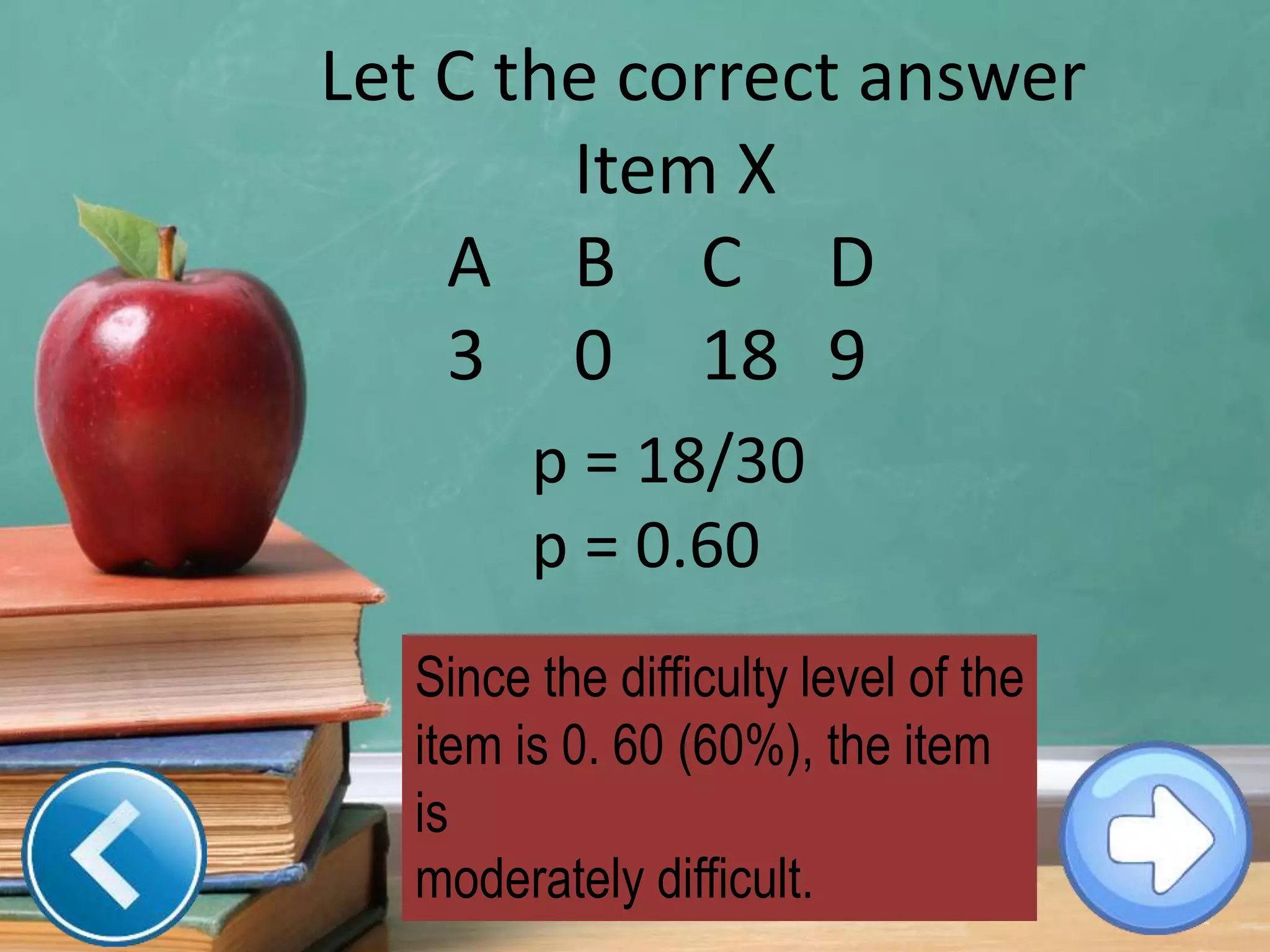 Let C the correct answer
Item X
A B C D
3 0 18 9
p = 18/30
p = 0.60
Since the difficulty level of the
item is 0. 60 (60%), the item
is
moderately difficult.
 