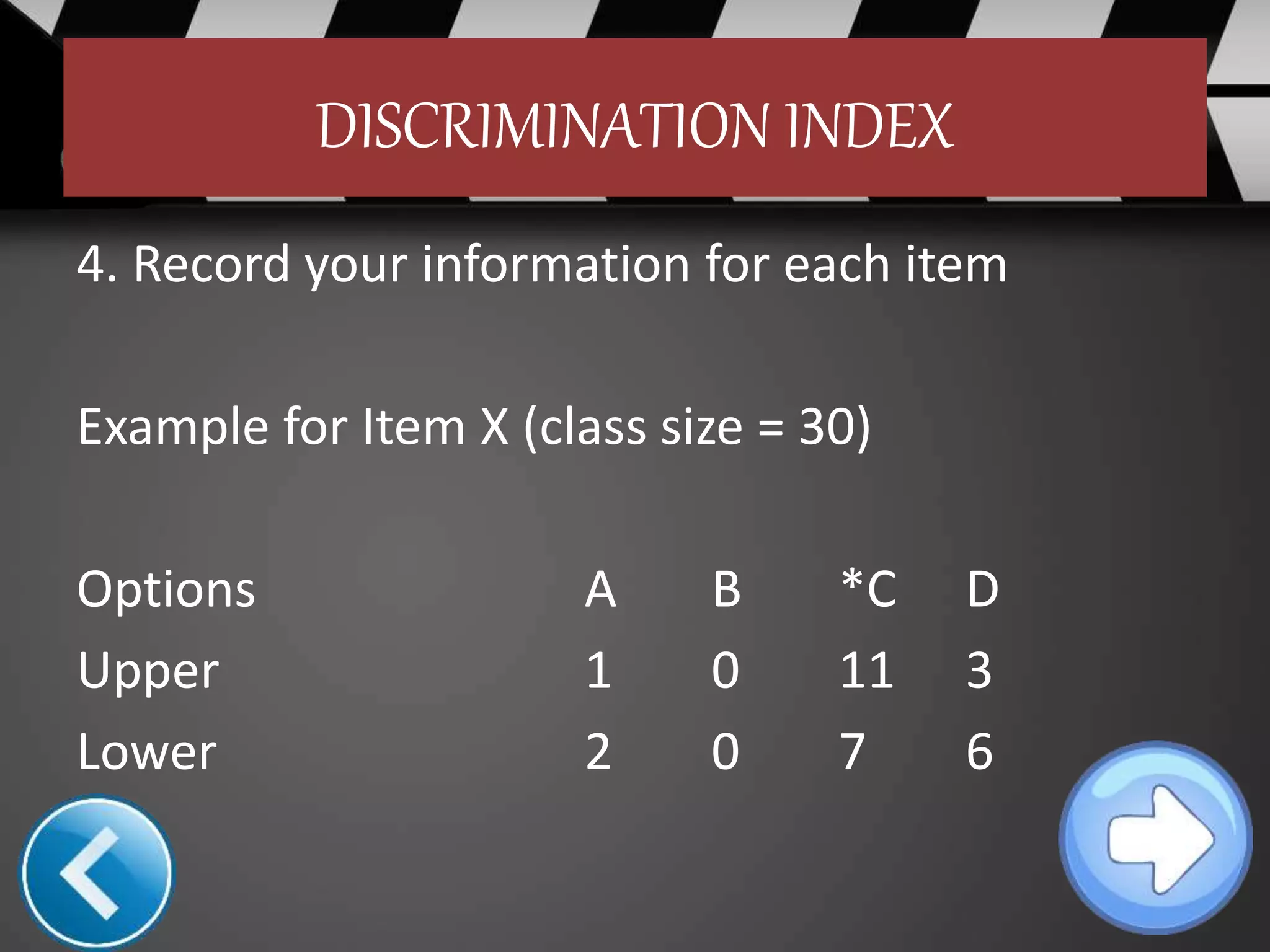 DISCRIMINATION INDEX
4. Record your information for each item
Example for Item X (class size = 30)
Options A B *C D
Upper 1 0 11 3
Lower 2 0 7 6
 