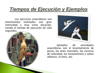 Los ejercicios anaeróbicos son
movimientos realizados con gran
intensidad y muy corta duración,
siendo el tiempo de ejecución de sólo
segundos.
Ejemplos de actividades
anaeróbicas son el levantamiento de
pesas, las artes marciales, las carreras
de velocidad, los lanzamientos y saltos
atléticos, el tenis, etc.
 