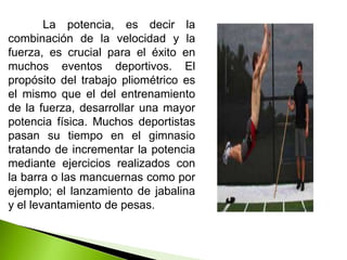 La potencia, es decir la
combinación de la velocidad y la
fuerza, es crucial para el éxito en
muchos eventos deportivos. El
propósito del trabajo pliométrico es
el mismo que el del entrenamiento
de la fuerza, desarrollar una mayor
potencia física. Muchos deportistas
pasan su tiempo en el gimnasio
tratando de incrementar la potencia
mediante ejercicios realizados con
la barra o las mancuernas como por
ejemplo; el lanzamiento de jabalina
y el levantamiento de pesas.
 