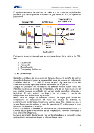 Gas Natural Licuado – Tecnología y Mercado
4
El siguiente esquema da una idea de cuáles son los costos de capital de los
procesos que forman parte de la cadena de gas natural licuado, incluyendo la
producción.
Ilustración 2
Excluyendo la producción del gas, los procesos dentro de la cadena de GNL
son:
a. Licuefacción
b. Transporte
c. Regasificación
d. Transporte y distribución
1.2.3.a Licuefacción
Consiste en módulos de procesamiento llamados trenes. El tamaño de un tren
depende de los compresores y su capacidad anual se expresa en millones de
toneladas métricas (1T = 1336 m3
aprox. de gas). Su capacidad ronda los
4MMT que equivale a procesar más de 14 millones de m3
por día.
Aunque los principios de licuefacción no cambien mucho suelen variar los
métodos usados para el ciclo de refrigeración. Uno de los más usados es el
que emplea propano pre-enfriado por su bajo costo específico, eficiencia y
flexibilidad. El calor extraído es llevado por el propano y mezcla de
refrigerantes a un ambiente de agua o aire.
Hasta hace un tiempo se utilizaban turbinas de vapor para mover los
compresores de refrigeración. El vapor que mueve las turbinas es
posteriormente condensado, típicamente usando agua fría / fresca, que es, a
su vez, la que permite extraer el calor del gas natural. El problema era la gran
demanda de agua que precisaban.
En muchos diseños posteriores las turbinas de vapor fueron reemplazadas por
turbinas de gas para el movimiento de los compresores. También se empezó a
usar aire como refrigerante.
La nueva generación de plantas se va a ver beneficiada por la reducción en los
costos debido a mejoramientos en el intercambio de calor.
 