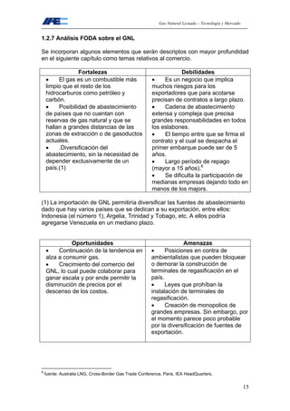 Gas Natural Licuado – Tecnología y Mercado
15
1.2.7 Análisis FODA sobre el GNL
Se incorporan algunos elementos que serán descriptos con mayor profundidad
en el siguiente capítulo como temas relativos al comercio.
Fortalezas Debilidades
• El gas es un combustible más
limpio que el resto de los
hidrocarburos como petróleo y
carbón.
• Posibilidad de abastecimiento
de países que no cuentan con
reservas de gas natural y que se
hallan a grandes distancias de las
zonas de extracción o de gasoductos
actuales.
• .Diversificación del
abastecimiento, sin la necesidad de
depender exclusivamente de un
país.(1)
• Es un negocio que implica
muchos riesgos para los
exportadores que para acotarse
precisan de contratos a largo plazo.
• Cadena de abastecimiento
extensa y compleja que precisa
grandes responsabilidades en todos
los eslabones.
• El tiempo entre que se firma el
contrato y el cual se despacha el
primer embarque puede ser de 5
años.
• Largo período de repago
(mayor a 15 años).6
• Se dificulta la participación de
medianas empresas dejando todo en
manos de los majors.
(1) La importación de GNL permitiría diversificar las fuentes de abastecimiento
dado que hay varios países que se dedican a su exportación, entre ellos:
Indonesia (el número 1), Argelia, Trinidad y Tobago, etc. A ellos podría
agregarse Venezuela en un mediano plazo.
Oportunidades Amenazas
• Continuación de la tendencia en
alza a consumir gas.
• Crecimiento del comercio del
GNL, lo cual puede colaborar para
ganar escala y por ende permitir la
disminución de precios por el
descenso de los costos.
• Posiciones en contra de
ambientalistas que pueden bloquear
o demorar la construcción de
terminales de regasificación en el
país.
• Leyes que prohíban la
instalación de terminales de
regasificación.
• Creación de monopolios de
grandes empresas. Sin embargo, por
el momento parece poco probable
por la diversificación de fuentes de
exportación.
6
fuente: Australia LNG, Cross-Border Gas Trade Conference, Paris, IEA HeadQuarters.
 