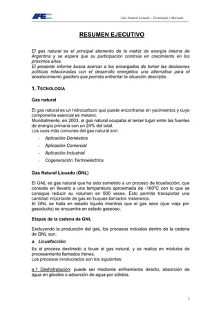 Gas Natural Licuado – Tecnología y Mercado
i
RESUMEN EJECUTIVO
El gas natural es el principal elemento de la matriz de energía interna de
Argentina y se espera que su participación continúe en crecimiento en los
próximos años.
El presente informe busca acercar a los encargados de tomar las decisiones
políticas relacionadas con el desarrollo energético una alternativa para el
abastecimiento gasífero que permita enfrentar la situación descripta.
1. TECNOLOGÍA
Gas natural
El gas natural es un hidrocarburo que puede encontrarse en yacimientos y cuyo
componente esencial es metano.
Mundialmente, en 2003, el gas natural ocupaba el tercer lugar entre las fuentes
de energía primaria con un 24% del total.
Los usos más comunes del gas natural son:
- Aplicación Doméstica
- Aplicación Comercial
- Aplicación Industrial
- Cogeneración Termoeléctrica
Gas Natural Licuado (GNL)
El GNL es gas natural que ha sido sometido a un proceso de licuefacción, que
consiste en llevarlo a una temperatura aproximada de -1600
C con lo que se
consigue reducir su volumen en 600 veces. Esto permite transportar una
cantidad importante de gas en buques llamados metaneros.
El GNL se halla en estado líquido mientras que el gas seco (que viaja por
gasoducto) se encuentra en estado gaseoso.
Etapas de la cadena de GNL
Excluyendo la producción del gas, los procesos incluidos dentro de la cadena
de GNL son:
a. Licuefacción
Es el proceso destinado a licuar el gas natural, y se realiza en módulos de
procesamiento llamados trenes.
Los procesos involucrados son los siguientes:
a.1 Deshidratación: puede ser mediante enfriamiento directo, absorción de
agua en glicoles o adsorción de agua por sólidos.
 