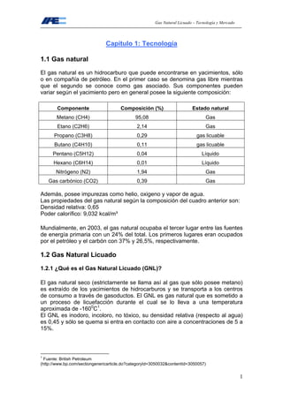 Gas Natural Licuado – Tecnología y Mercado
1
Capítulo 1: Tecnología
1.1 Gas natural
El gas natural es un hidrocarburo que puede encontrarse en yacimientos, sólo
o en compañía de petróleo. En el primer caso se denomina gas libre mientras
que el segundo se conoce como gas asociado. Sus componentes pueden
variar según el yacimiento pero en general posee la siguiente composición:
Componente Composición (%) Estado natural
Metano (CH4) 95,08 Gas
Etano (C2H6) 2,14 Gas
Propano (C3H8) 0,29 gas licuable
Butano (C4H10) 0,11 gas licuable
Pentano (C5H12) 0,04 Líquido
Hexano (C6H14) 0,01 Líquido
Nitrógeno (N2) 1,94 Gas
Gas carbónico (CO2) 0,39 Gas
Además, posee impurezas como helio, oxigeno y vapor de agua.
Las propiedades del gas natural según la composición del cuadro anterior son:
Densidad relativa: 0,65
Poder calorífico: 9,032 kcal/m³
Mundialmente, en 2003, el gas natural ocupaba el tercer lugar entre las fuentes
de energía primaria con un 24% del total. Los primeros lugares eran ocupados
por el petróleo y el carbón con 37% y 26,5%, respectivamente.
1.2 Gas Natural Licuado
1.2.1 ¿Qué es el Gas Natural Licuado (GNL)?
El gas natural seco (estrictamente se llama así al gas que sólo posee metano)
es extraído de los yacimientos de hidrocarburos y se transporta a los centros
de consumo a través de gasoductos. El GNL es gas natural que es sometido a
un proceso de licuefacción durante el cual se lo lleva a una temperatura
aproximada de -1600
C1
.
El GNL es inodoro, incoloro, no tóxico, su densidad relativa (respecto al agua)
es 0,45 y sólo se quema si entra en contacto con aire a concentraciones de 5 a
15%.
1
Fuente: British Petroleum
(http://www.bp.com/sectiongenericarticle.do?categoryId=3050032&contentId=3050057)
 