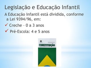Legislação e Educação Infantil
A Educação Infantil está dividida, conforme
a Lei 9394/96, em:
 Creche – 0 a 3 anos
 Pré-Escola: 4 e 5 anos
 