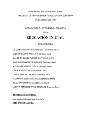 UNIVERSIDAD PEDAGÓGICA NACIONAL

      PROGRAMA DE REORDENAMIENTO DE LA OFERTA EDUCATIVA

                           DE LAS UNIDADES UPN



               LICENCIATURA EN INTERVENCIÓN EDUCATIVA

                                    LÍNEA:


                EDUCACIÓN INICIAL
                              ELABORADORES:


MA ELENA ARENAS RESENDIZ (San Luis Potosí, S.L.P.)

EUSEBIO CASTRO ARELLANO (Orizaba, Ver.)

ELIA EDITH GÓMEZ FLORES (Cd. Valles, S. L. P.)

JAVIER HERNÁNDEZ HERNÁNDEZ (Tuxtepec, Oax.)

ALEJANDRA MÉNDEZ ZÚÑIGA (Durango, Dgo.)

OTILIA NÚÑEZ ROMO (Chihuahua, Chih.)

LETICIA SÁNCHEZ TETUMO (Veracruz, Ver.)

ALEJANDRA REYES ARCHUNDIA (Zitácuaro, Mich)

IRENE SANTIAGO VARGAS (Zamora, Mich.)

MARTHA REMEDIOS RIVAS GONZÁLEZ (Durango, Dgo.)



COORDINACIÓN GENERAL

Mtro. Adalberto Rangel Ruiz de la Peña

ASESORIA DE LA LÍNEA
 