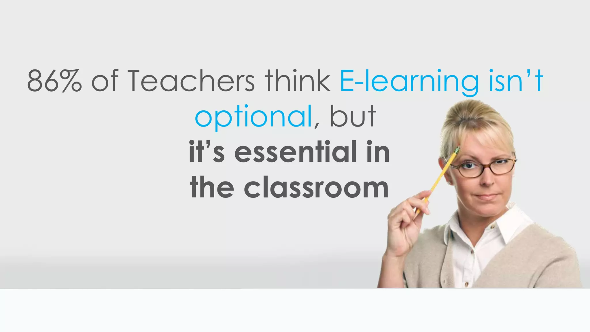 86% of Teachers think E-learning isn’t
optional, but
it’s essential in
the classroom
 