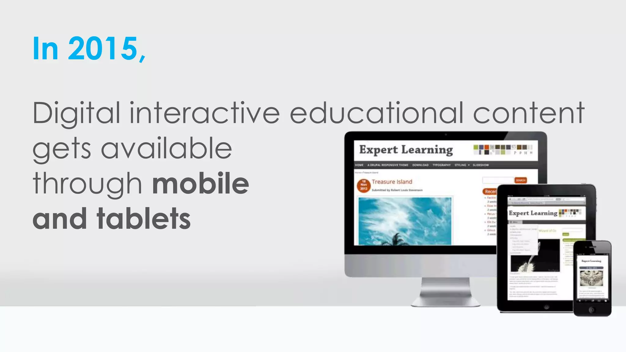 In 2015,
Digital interactive educational content
gets available
through mobile
and tablets
 