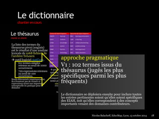 Le dictionnaire 
chantier en cours 
approche pragmatique 
V1 : 102 termes issus du 
thésaurus (jugés les plus 
spécifiques parmi les plus 
fréquents) 
Le dictionnaire se déploiera ensuite pour inclure toutes 
les entrées pertinentes soient qu’elles soient spécifiques 
des EIAH, soit qu’elles correspondent à des concepts 
importants venant des domaines contributeurs. 
Nicolas Balacheff, EducMap, Lyon, 13 octobre 2014 18 
 