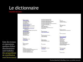 Le dictionnaire 
chantier en cours 
Nicolas Balacheff, EducMap, Lyon, 13 octobre 2014 21 
Liste des termes 
et expressions, 
quelques fiches 
documentaires 
sont traduites 
(les propositions 
de contribution 
sont bienvenues) 
 