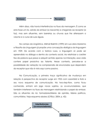 Além disso, não havia interferências no fluxo da mensagem. É como se
esta fosse um rio, saindo do emissor (a nascente) e chegando ao receptor (a
foz), mas sem afluentes, sem barreiras ou chuvas que lhe alterassem o
volume e o curso de suas águas.
No campo da Lingüística, Mikhail Bakhtin (1999) em sua obra Marxismo
e filosofia da Linguagem já propõe uma concepção dialógica da linguagem
em 1929. De acordo com o teórico russo, a linguagem só pode ser
apreendida no diálogo e dentro do contexto social. Ao relativizar o caráter
fixo da palavra que passa a adquirir sentido apenas na interação, essa visão
confere papel produtivo ao falante. Nesse contexto, percebe-se a
possibilidade de variação na compreensão de enunciados que dependem
do receptor que não é visto aqui como passivo.
Na Comunicação, o primeiro traço significativo de mudança em
relação à perspectiva do receptor surge em 1955 com Lazarsfeld e Katz e
seu novo esquema de comunicação. No two-step-flow, como ficou
conhecido, entram em jogo novos sujeitos, os co-enunciadores, que
também interferem no fluxo da mensagem relativizando o papel do emissor.
São os afluentes do rio: formadores/líderes de opinião, líderes políticos,
comunitários. Veja esquema abaixo (CITELLI, 2004, p. 42):
Emissor Receptor
Interferências
(co-enunciadores)
Emissor Receptor
 