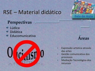 RSE – Material didático

  Lúdica
  Didática
  Educomunicativa


                     •   Expressão artística através
                         das artes
                     •   Gestão comunicativa dos
                         processos
                     •   Mediação Tecnológica dos
                         recursos
 