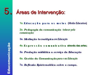 5.  Áreas de Intervenção: 1a.   Educação para os meios  ( Media Education ) ‏ 2a.  Pedagogia da comunicação   (educar pela  comunicação) ‏ 3a.  Mediação tecnológica  em Educação   4a.  Expressão comunicativa  através das artes;   5a .  Produção midiática a serviço da Educação 6a.   Gestão da Comunicação  para e na Educação 7a.  Reflexão Epistemolóica sobre o campo. 