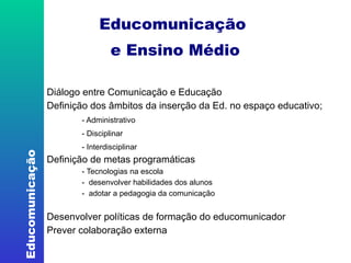 Educomunicação  e Ensino Médio Diálogo entre Comunicação e Educação Definição dos âmbitos da inserção da Ed. no espaço educativo; - Administrativo - Disciplinar - Interdisciplinar Definição de metas programáticas - Tecnologias na escola -  desenvolver habilidades dos alunos -  adotar a pedagogia da comunicação Desenvolver políticas de formação do educomunicador Prever colaboração externa 