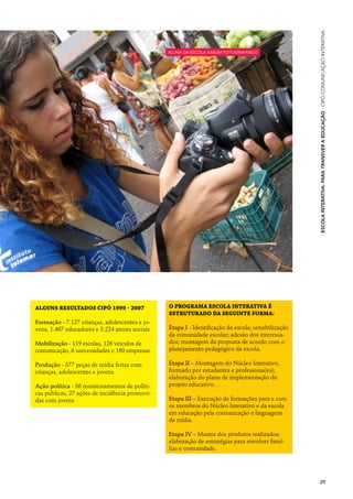 Escola Interativa: para transver a Educação · cipó comunicação interativa
                                                aluna da Escola Kabum fotografando




ALGUNS RESULTADOS CIPÓ 1999 - 2007              O programa Escola Interativa é
                                                estruturado da seguinte forma:
Formação - 7.127 crianças, adolescentes e jo-
vens, 1.467 educadores e 3.224 atores sociais   Etapa I - Identificação da escola; sensibilização
                                                da comunidade escolar; adesão dos interessa-
Mobilização - 119 escolas, 126 veículos de      dos; montagem da proposta de acordo com o
comunicação, 6 universidades e 160 empresas.    planejamento pedagógico da escola.

Produção - 377 peças de mídia feitas com        Etapa II – Montagem do Núcleo Interativo,
crianças, adolescentes e jovens.                formado por estudantes e professoras(es);
                                                elaboração do plano de implementação do
Ação política - 86 monitoramentos de políti-    projeto educativo.
cas públicas, 27 ações de incidência promovi-
das com jovens                                  Etapa III – Execução de formações para e com
                                                os membros do Núcleo Interativo e da escola
                                                em educação pela comunicação e linguagens
                                                de mídia.

                                                Etapa IV – Mostra dos produtos realizados;
                                                elaboração de estratégias para envolver famí-
                                                lias e comunidade.




                                                                                                    29
 