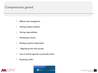 Competencies gained
 Effective task management
 Solving complex problems
 Sharing responsibilities
 Developing a shared
 Building a positive relationships
 Negotiating with other groups
 Use of rational argument to persuade others
 Resolving conflict
 