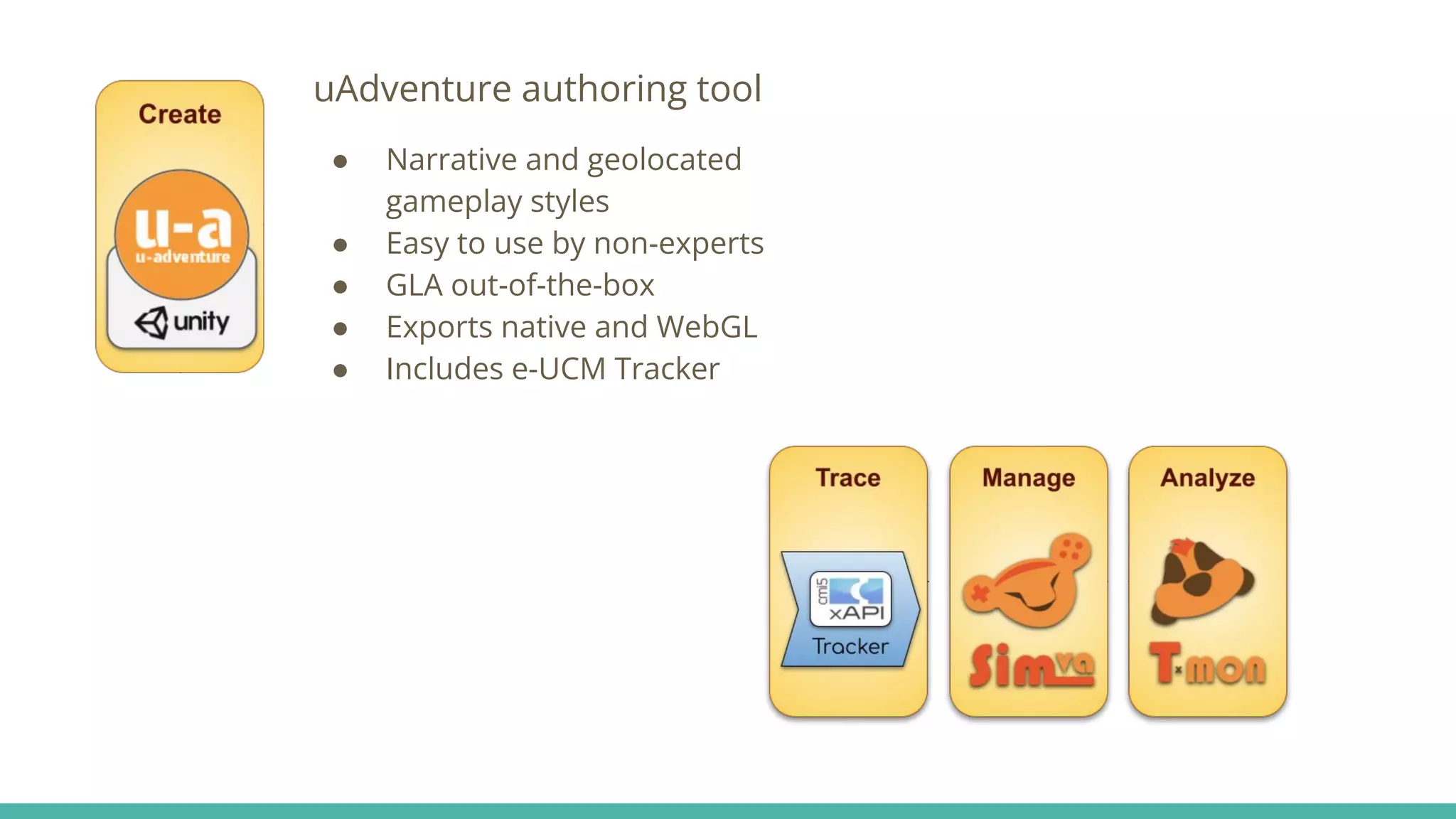 uAdventure authoring tool
● Narrative and geolocated
gameplay styles
● Easy to use by non-experts
● GLA out-of-the-box
● Exports native and WebGL
● Includes e-UCM Tracker
 