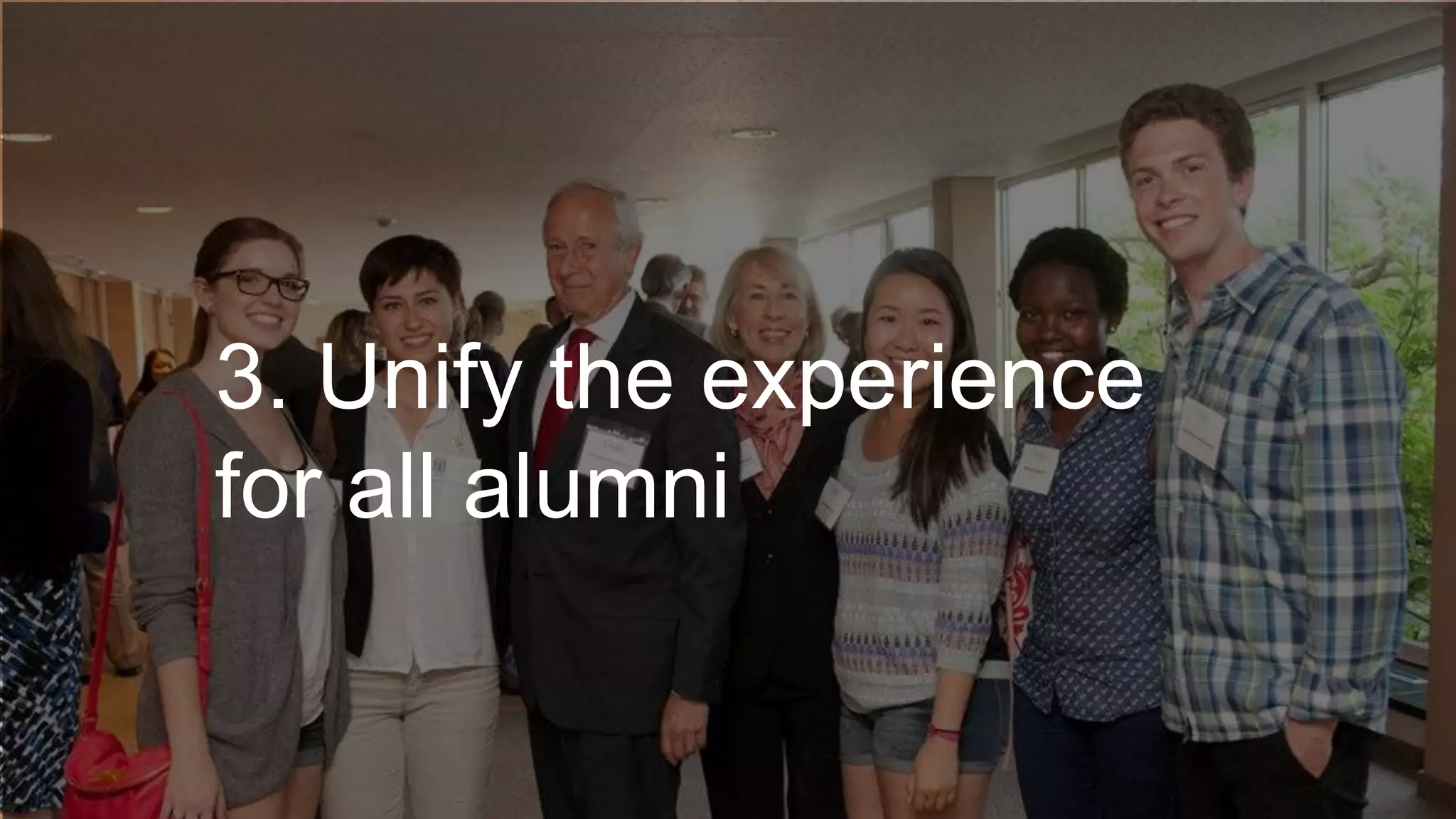 3. Unify the experience
for all alumni
 