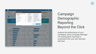 Analyze the performance of your
campaigns using Campaign Manager
rich demographic reporting to
understand who your ads resonate
with best
Campaign
Demographic
Reporting
Beyond the Click
 