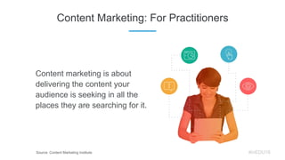Content marketing is about
delivering the content your
audience is seeking in all the
places they are searching for it.
Co...