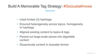Build A Memorable Tag Strategy: #GoizuetaKnows
• Used limited (3) hashtags
• Ensured heterogeneity across topics, homogene...
