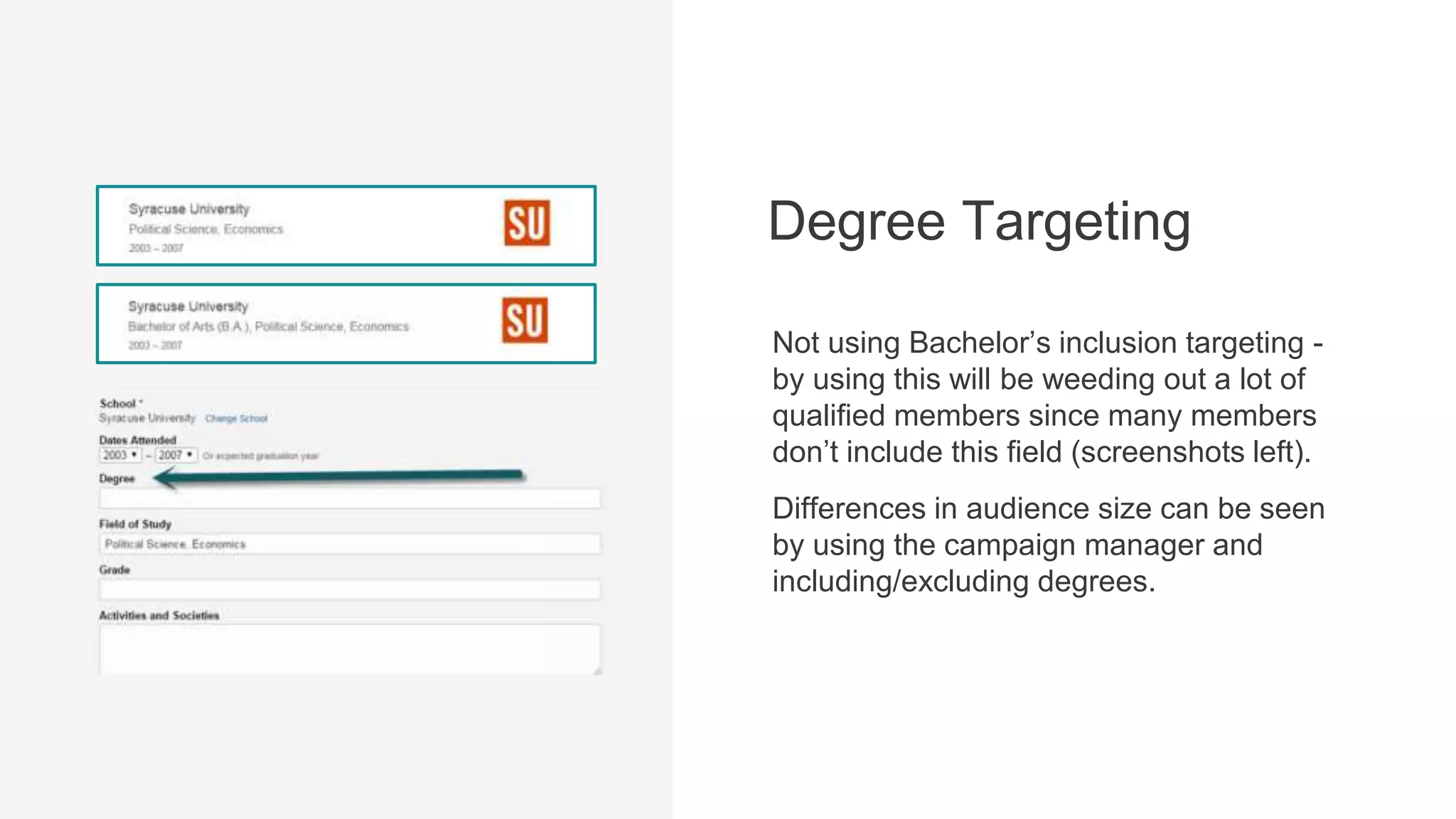 3 Key Takeaways
Target broad audiences
and allow the content to do
the targeting for you
1
Age & Gender are inferred
targeting parameters
2
Bachelor's inclusion can
exclude individuals within
your target audience
3
 