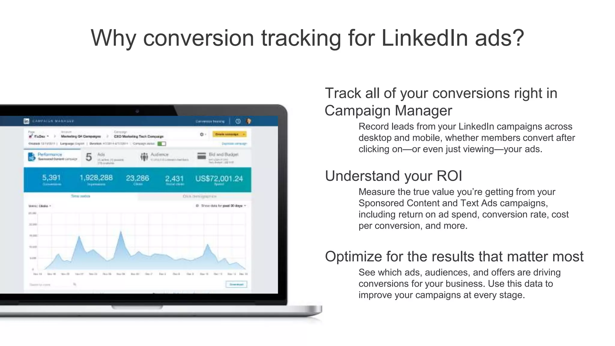 A conversion is an action that a
member takes, like filling out a
webinar registration form or
downloading a white paper.
Conversion tracking is the ability
to measure conversions and then
attribute it back to the source that
provided the initial click or view.
By tracking these conversions, you
can more easily gauge the ROI of
your campaigns.
Conversion
tracking defined
Thank You!
Your download should start automatically.
If not, click here.
+1
Step
1A prospect clicks on
or views an ad
Step
2Prospect lands on your
site and submits a
form.
Step
3Prospect lands on “Thank
You” page, gets counted
as Conversion.
Step
4Prospect is registered as a
conversion in your LinkedIn
campaign reporting.
 