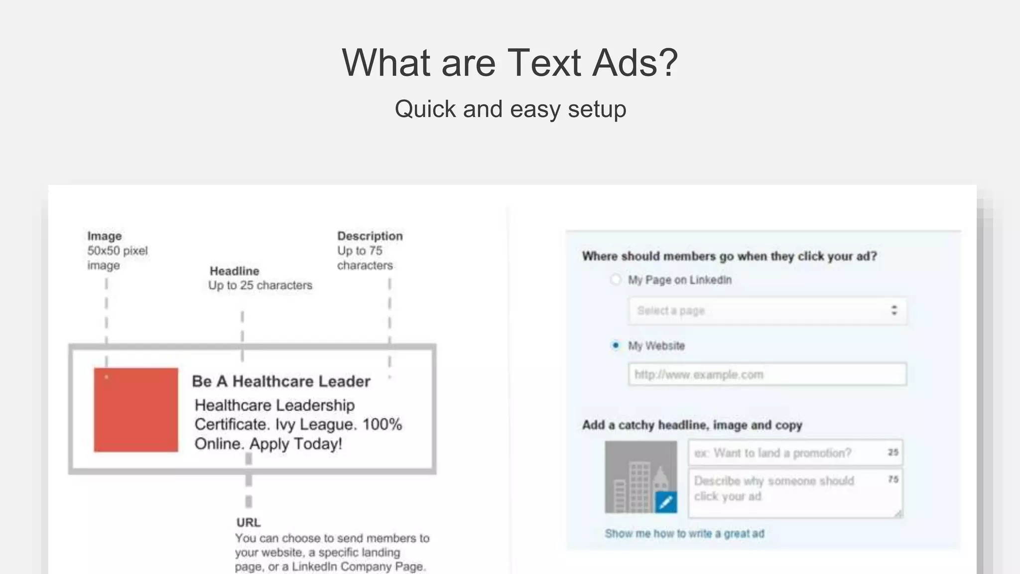Why Text Ads?
Start advertising to a premium audience in just minutes
Get your business in front of the world’s largest professional network—fast
Get started easily
Build your own ads and
advertise right away with no
spend minimum commitments
Target with precision
Reach the people that
matter most using accurate,
profile-based, first-party
data
Generate quality leads
Drive leads from a a premium
professional audience of
decision-makers and
influencers
 