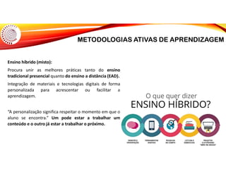 METODOLOGIAS ATIVAS DE APRENDIZAGEM
Ensino híbrido (misto):
Procura unir as melhores práticas tanto do ensino
tradicional presencial quanto do ensino a distância (EAD).
Integração de materiais e tecnologias digitais de forma
personalizada para acrescentar ou facilitar a
aprendizagem.
“A personalização significa respeitar o momento em que o
aluno se encontra.” Um pode estar a trabalhar um
conteúdo e o outro já estar a trabalhar o próximo.
 