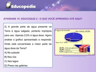 ATIVIDADE 15: EDUCOQUIZ 2 - O QUE VOCÊ APRENDEU ATÉ AQUI?
2) A grande parte de água presente na
Terra é água salgada, portanto imprópria
para uso. Apenas 2,5% é água doce. Agora
analise o gráfico apresentado e responda:
Onde está concentrada a maior parte da
água doce da Terra?
A) No subsolo
B) Nos rios
C) Nos lagos
D) Presa nas geleiras
http://aguahojesempre.blogspot.com.br/
 