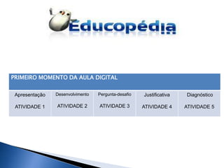 PRIMEIRO MOMENTO DA AULA DIGITAL


 Apresentação   Desenvolvimento   Pergunta-desafio   Justificativa   Diagnóstico

 ATIVIDADE 1    ATIVIDADE 2       ATIVIDADE 3        ATIVIDADE 4     ATIVIDADE 5
 