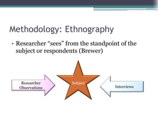 Methodology: Ethnography
• Researcher “sees” from the standpoint of the
  subject or respondents (Brewer)




   Researcher         Subject
  Observations                        Interviews
 
