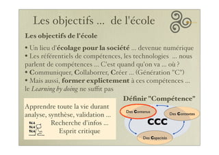 Apprendre toute la vie durant
analyse, synthèse, validation ...
Recherche d'infos ...
Esprit critique
Les objectifs de l'école
• Un lieu d'écolage pour la société ... devenue numérique
• Les référentiels de compétences, les technologies ... nous
parlent de compétences ... C'est quand qu'on va ... où ?
• Communiquer, Collaborrer, Créer ... (Génération "C")
• Mais aussi, former explictement à ces compétences ...
le Learning by doing ne suﬃt pas
Les objectifs ... de l'école
Déﬁnir "Compétence"
 
