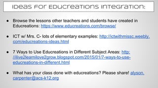 Ideas for Educreations Integration:
● Browse the lessons other teachers and students have created in
Educreations: https://www.educreations.com/browse/
● ICT w/ Mrs. C- lots of elementary examples: http://ictwithmissc.weebly.
com/educreations-ideas.html
● 7 Ways to Use Educreations in Different Subject Areas: http:
//ilive2learnilove2grow.blogspot.com/2015/01/7-ways-to-use-
educreations-in-different.html
● What has your class done with educreations? Please share! alyson.
carpenter@acs-k12.org
 